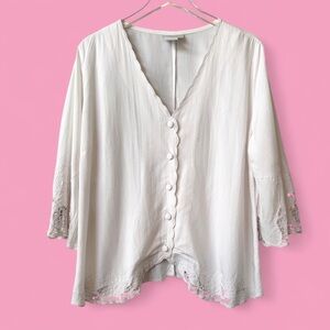 Soft Surroundings White Rayon Embroidered Cutwork Lace Trim Blouse